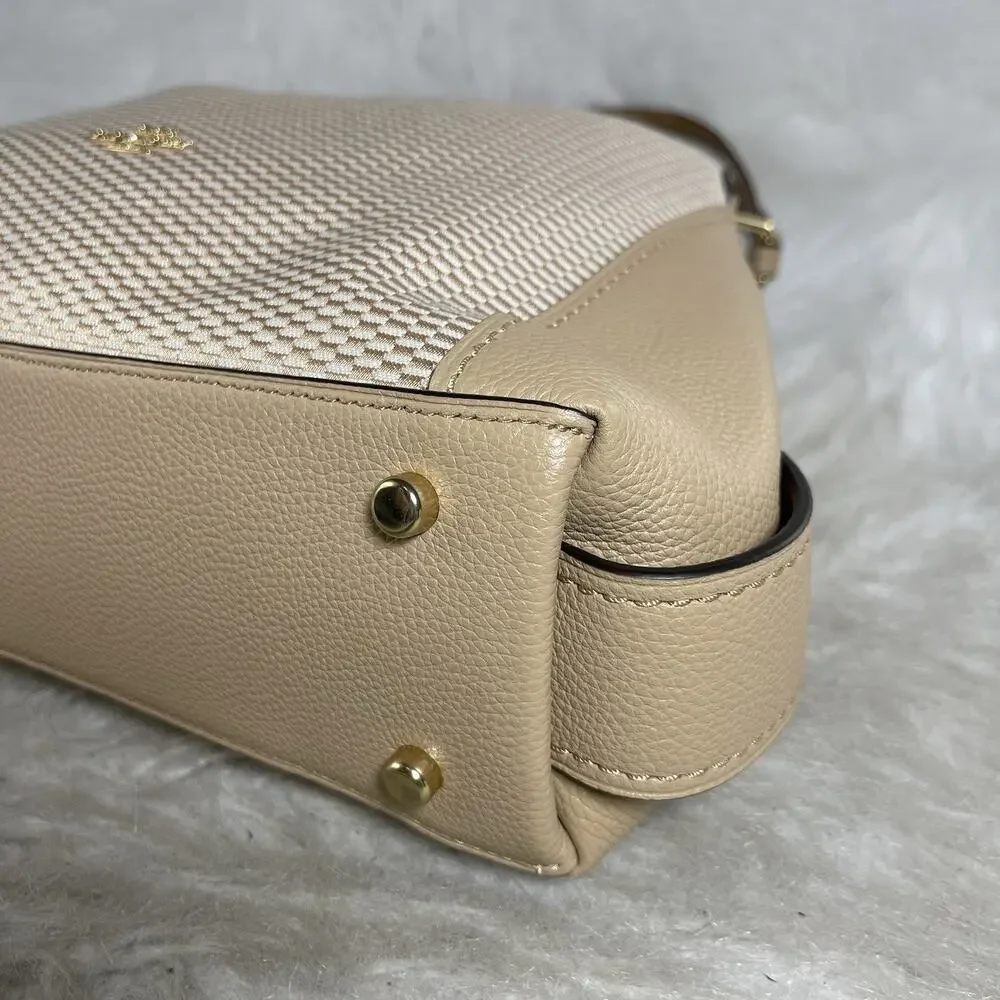Coach Women’s Beige Woven Pebbled Finish Shoulder Bag, Gold Hardware, Tag